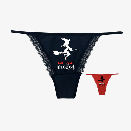 a women's bikini with a witch on it