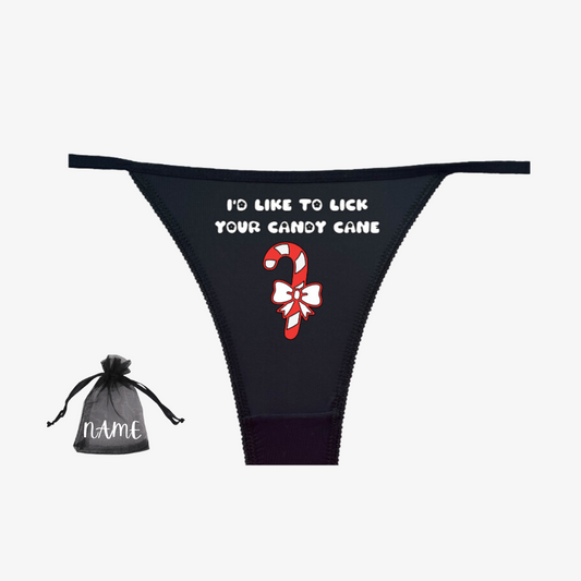 a bikini with a candy cane on it and a drawstring bag