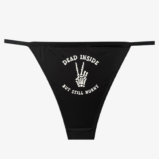 a women's black bikini bottom with the words dead inside, but still money