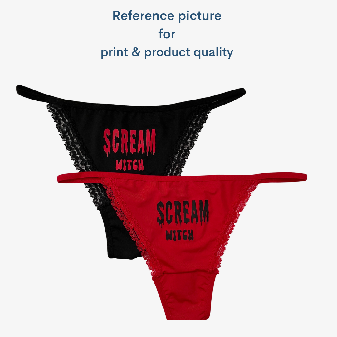 three underwear with the words screen witch written on them