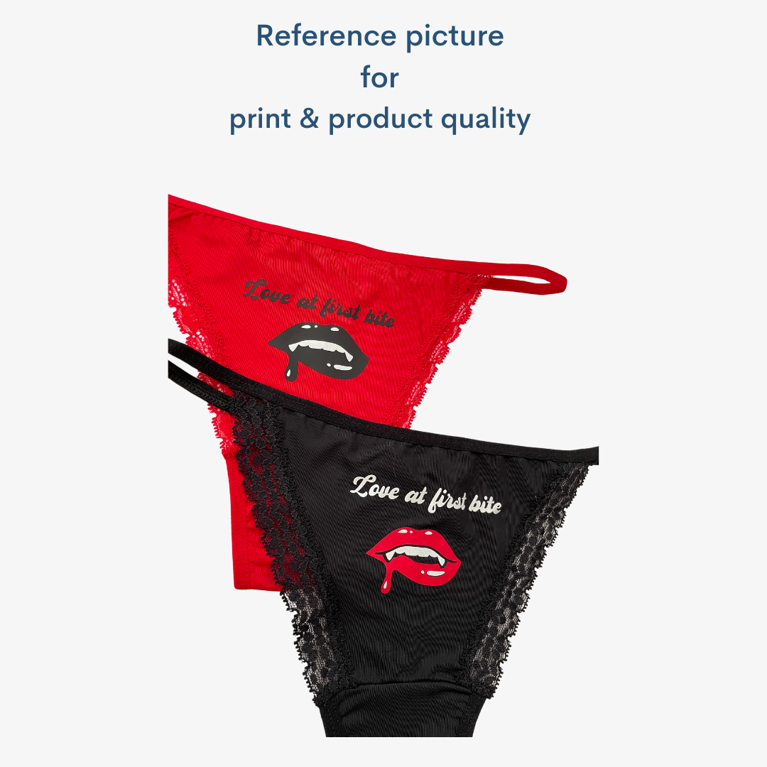 three lingerie panties with the words, reference picture for print & product quality