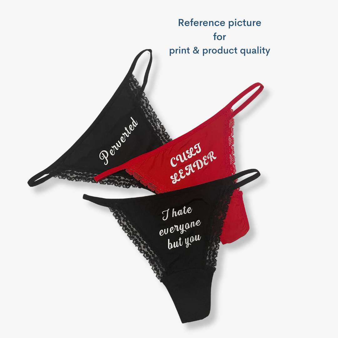 three lingerie bras with different sayings on them