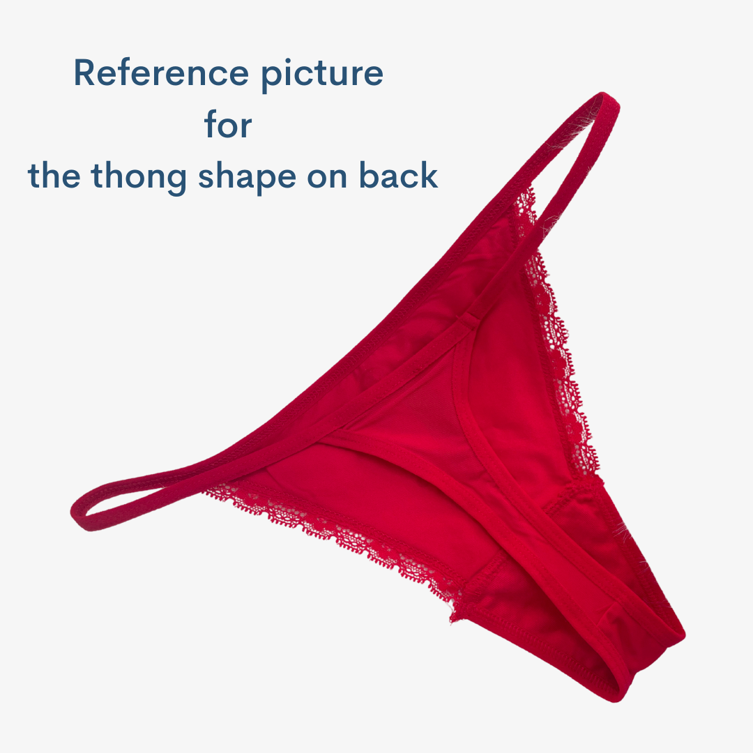 a red bra with the words reference picture for the thong shape on back