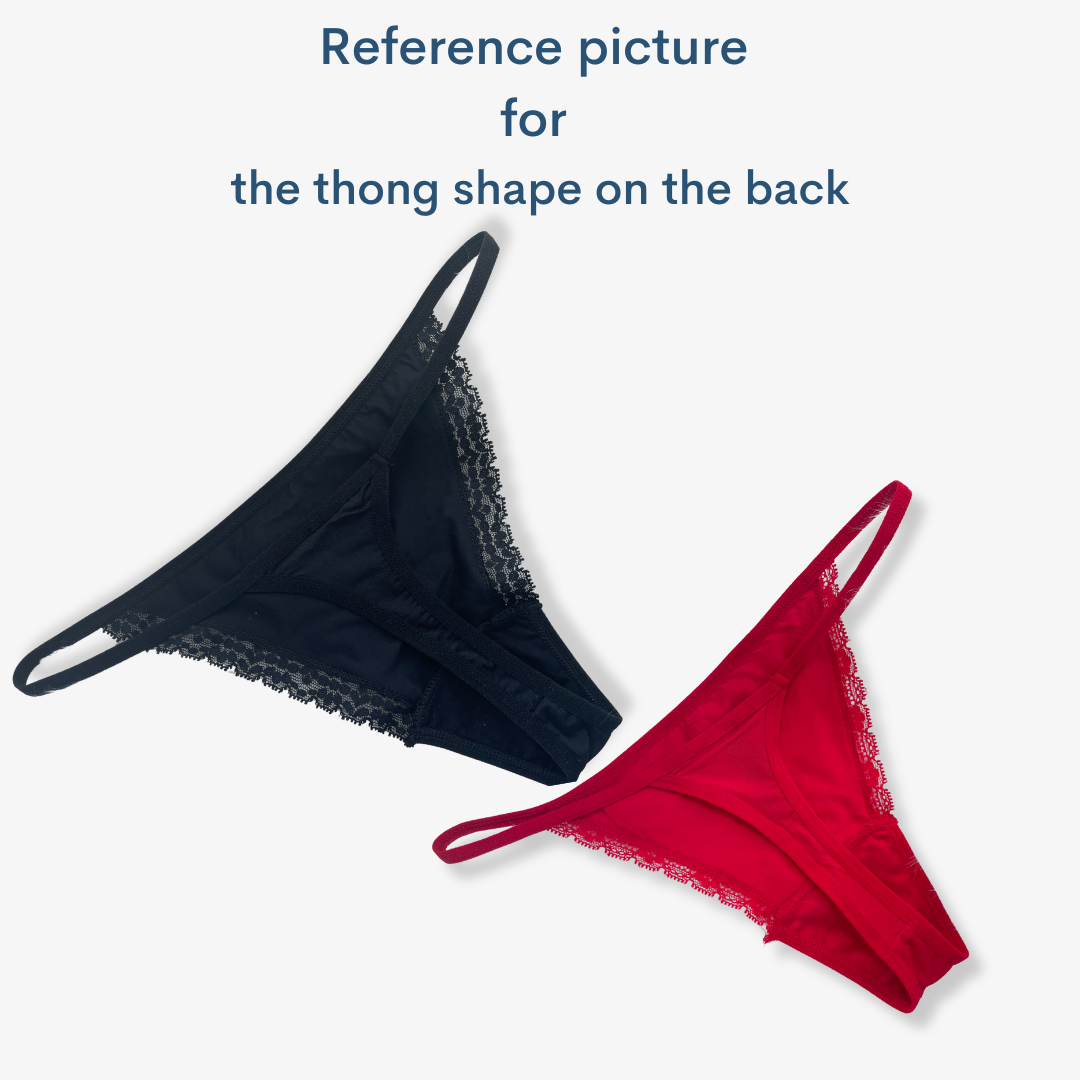 two bras with the words reference picture for the thong shape on the back