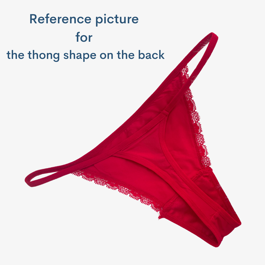 a red bra with the words reference picture for the thong shape on the back