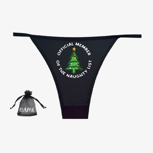 a black bikini with a christmas tree on it